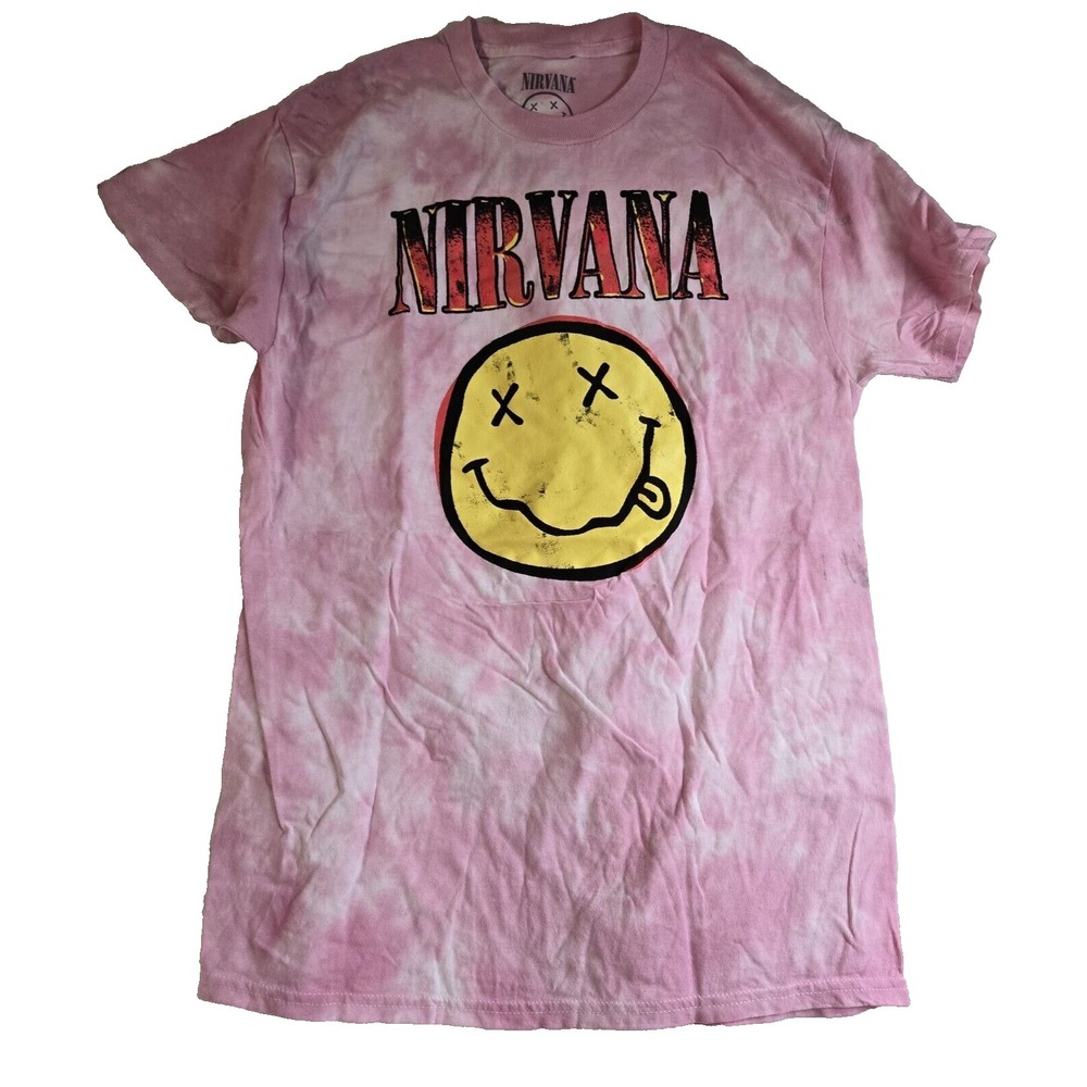 Nirvana Smiley Face Graphic Tie‎ Dye T-Shirt Pink White Mens Medium Short Sleeve